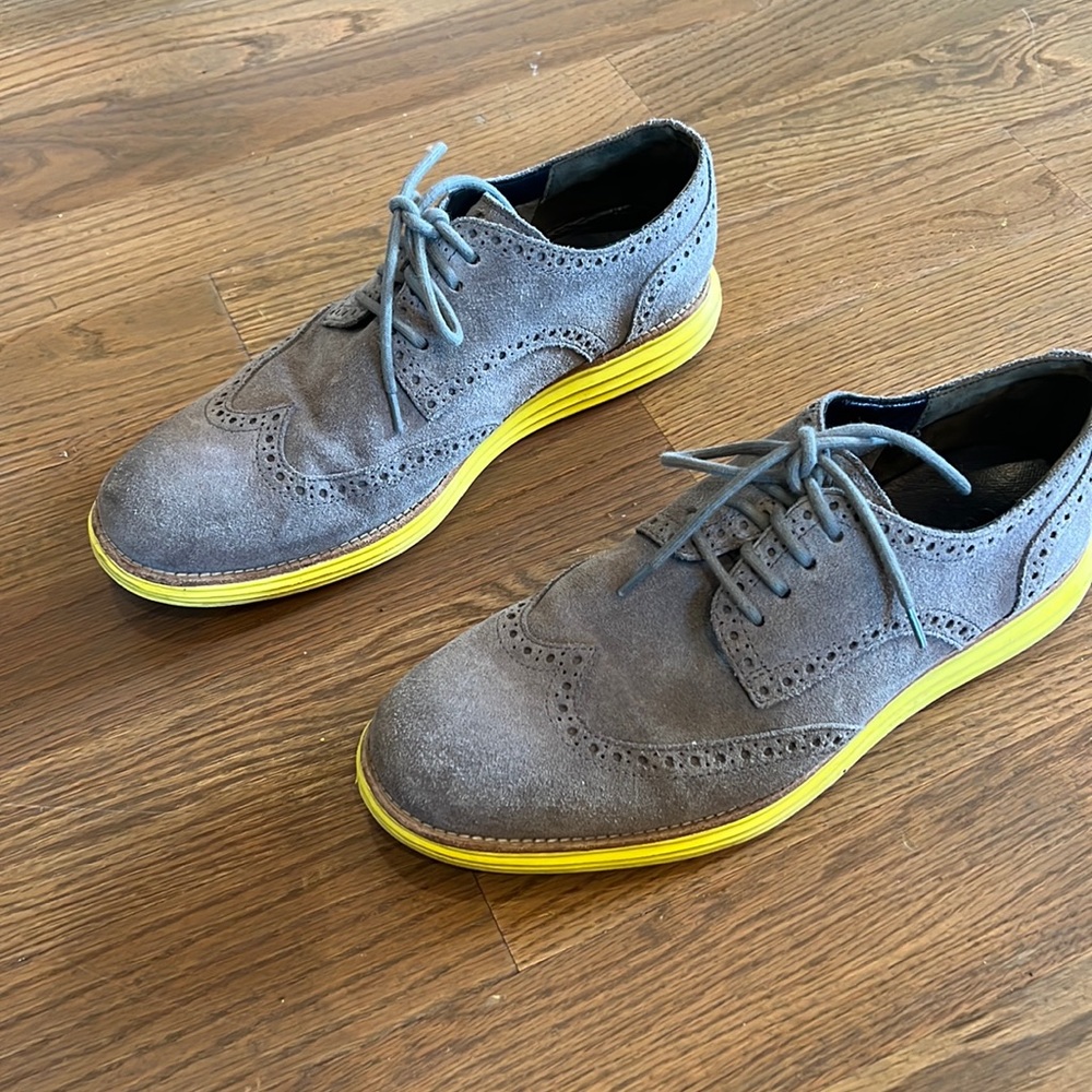 Cole Haan Grand OS Men's Size 10 Gray Citron Suede Wing Tip Oxfords Shoes